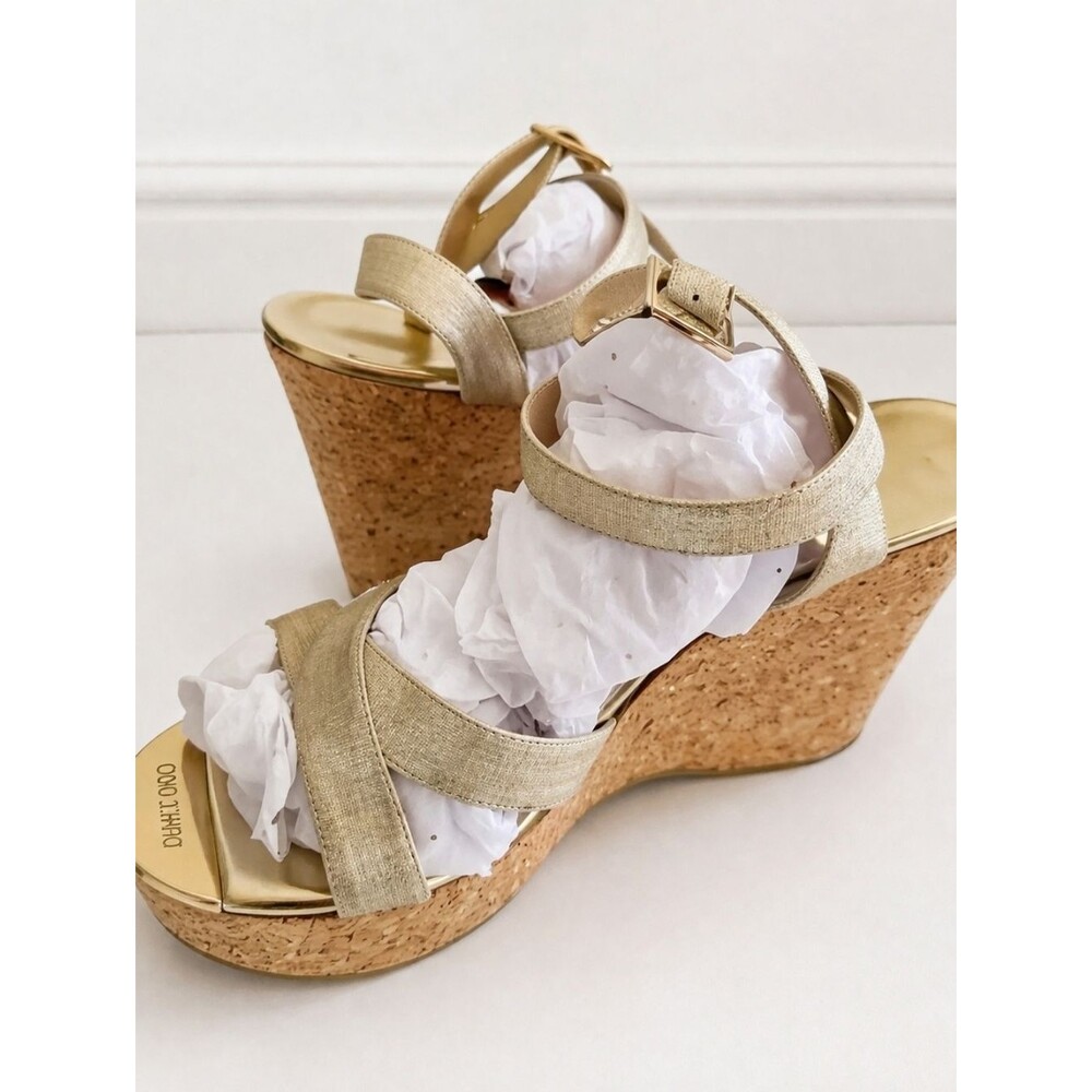 Jimmy Choo Gold Cork Wedge Slingback Sandals Sz 39 Made in Italy
